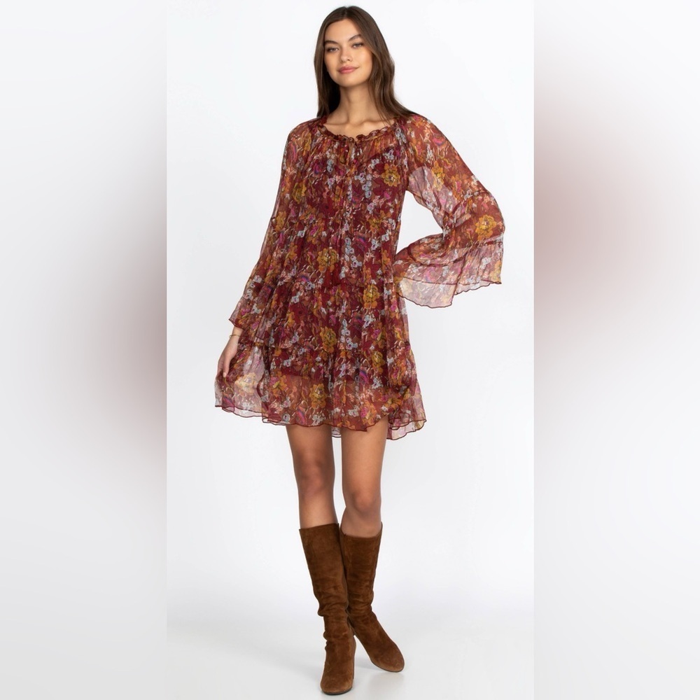 Johnny Was Daisy Mini Dress Floral Boho Long Sleeve Ruffle Size M